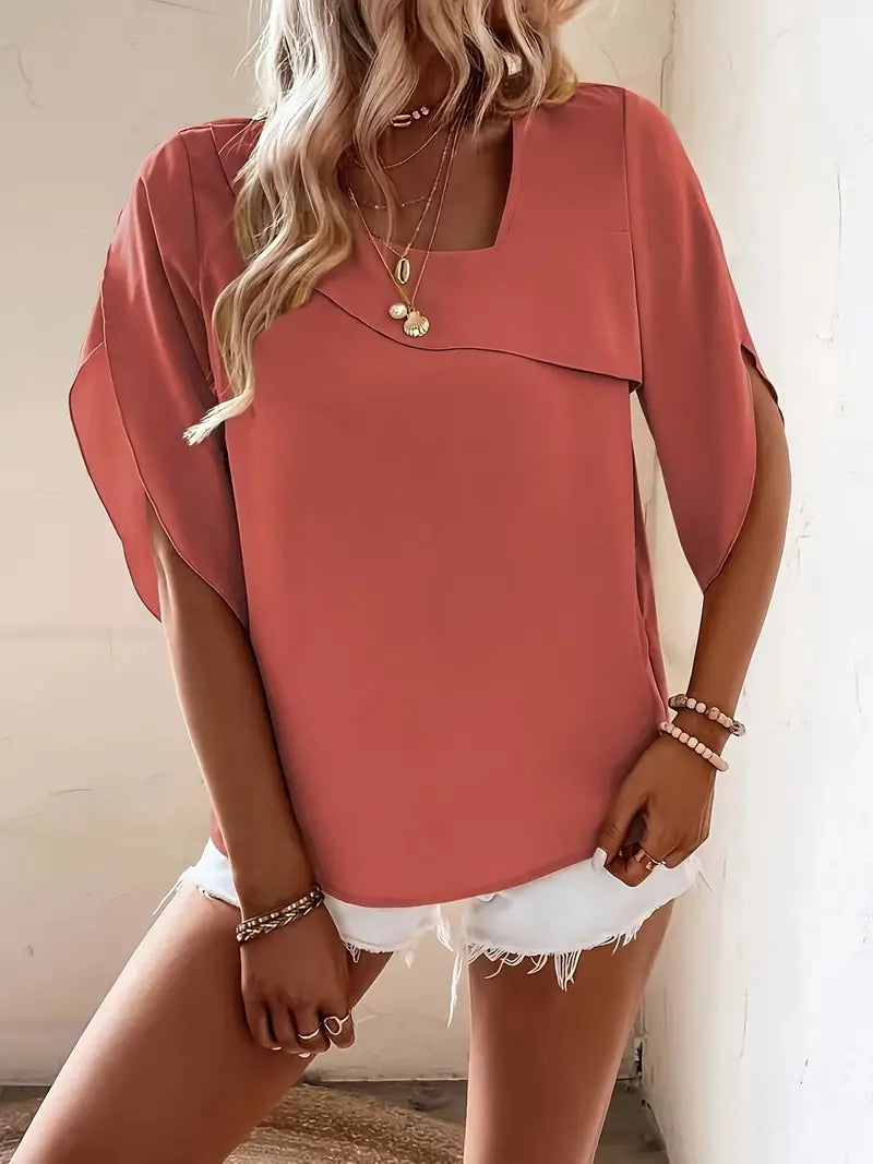 Solid Color Skew Neck Blouse