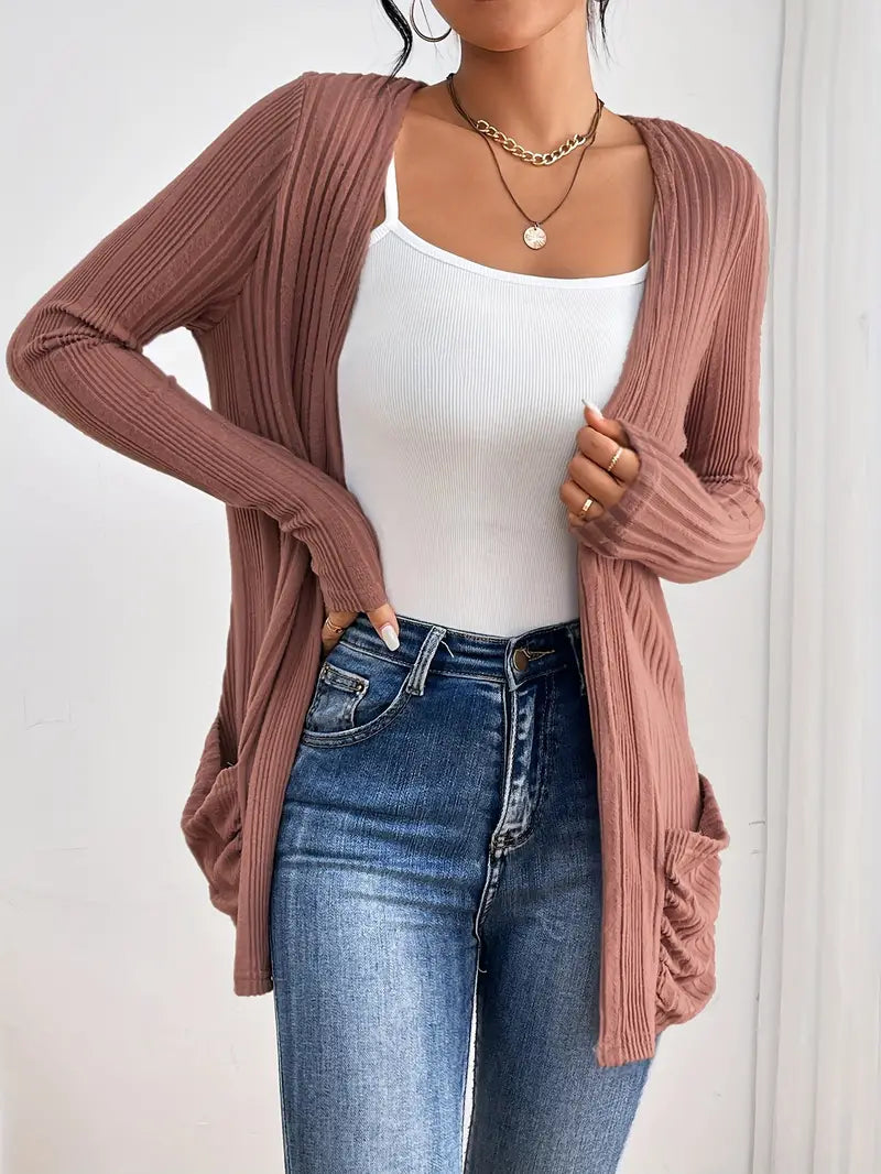 Solid Open Front Rib Knit Cardigan